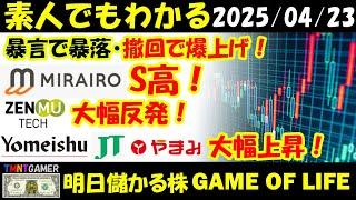 【明日のテンバガー株・高配当株】暴言で暴落・撤回で爆上げ相場！ミライロ！S高！ZenmuTech！大幅反発！養命酒！JT！やまみ！高値更新！【20250423】
