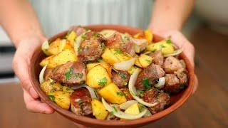 The most delicious meat with potatoes in a pan! A very simple and delicious recipe