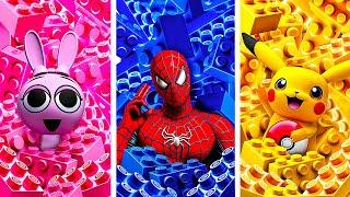 I Built Secret Rooms in One Color Challenge! LEGO House Makeover! Sprunki vs Spider-man vs Pikachu!