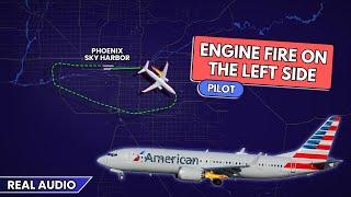 Engine FIRE after takeoff. American Boeing 737 MAX 8 returns to Phoenix Sky Harbor Airport. Real ATC