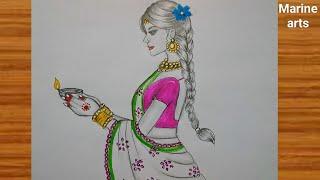 How to draw traditional girl with diya | Diwali drawing easy | Saree drawing | Pencil sketch