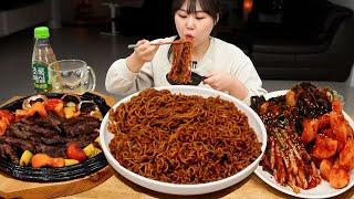 마라 짜파게티 라면 신제품 먹방한우 채끝살과 파김치, 총각김치 꿀조합 특집 Mala Chapaghetti MUKBANG