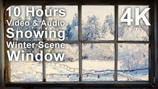 4K 10 hours - Stunning Window Snowing Winter Trees Scene - relaxing, ambience, calming