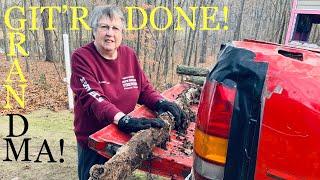 FIREWOOD - 78yr old grandma helps son cut limb wood firewood