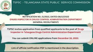 TSPSC Notification for Drugs Inspector in Telangana Drugs Control Administration Department