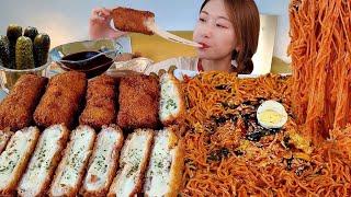 ASMR 돌덩이 치즈돈까스 매콤한 쫄면 분식 리얼먹방 :) Cheese pork cutlet, jjolmyeon, School food MUKBANG