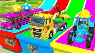 TRANSPORTING PIXAR CARS & FRUITS WITH COLORED & JOHN DEERE vs CLAAS vs TRACTORS - BeamNG.drive