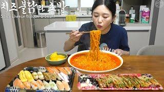 Real Mukbang:) Spicy Cheese Buldak Ramyun & Sushi  Dessert Watermelon 