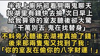 半夜上廁所卻看見兩鬼聊天說湖里有錢快去撿 次日早上給我算命的室友聽後卻大驚「千萬別去 鬼在找替身」不料旁人聽後去湖裡真撿了錢！後來那兩隻鬼又找到了我#書林小說 #重生 #爽文 #情感故事 #唯美频道