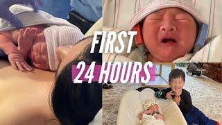 first 24 hours with newborn: toddler meets baby, name reveal | Ashley Yang