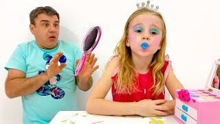 Nastya and Dad do dress up and makeup