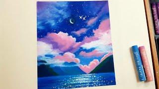 오일파스텔 기초 밤하늘 구름 그리기 Oil pastel Drawing Night Sky scenery