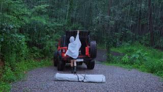 Solo Camping with Big shelter in Heavy Rain. Car camping, Jeep Wrangler. Cozy/ Relaxing. Rain ASMR