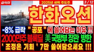 한화오션-8% 급락  " 공포 " 에 쓸어담는 이유 조정은 기회 7만 쓸어담으세요 2000만주 블록딜  美 국방부 장관  방한  진 조선주 조선관련주 주가 주가전망 삼식이