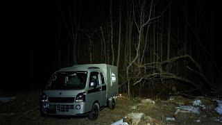 Sleeping alone in a car in the dark forest, surrounded by eerie trees