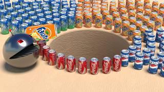 Experiment: Robot Pacman, Giant Coca-Cola, Mtn Dew, Sprite, Fanta and Mentos in Circle Hole