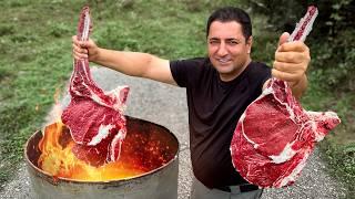 Recipe for Real Tomahawk Steaks on the Fire! Making a Homemade Barrel Grill for Outdoor Cooking