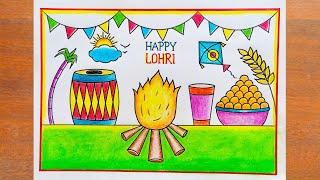 Lohri Drawing Easy / Happy Lohri Poster Drawing Easy Steps / Lohri Festival Drawing / Lohri Drawing