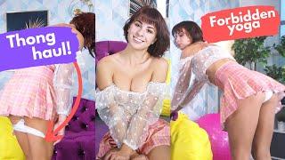 Mini skirt yoga! See transparent lingerie haul and thong haul! Sweet Alise yoga and stretching try