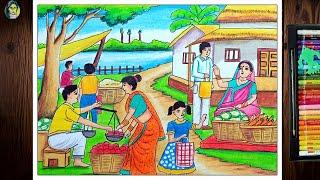 How To Draw Village Market Easy | Village Market Drawing Easy | Bazar Drawing | Market Drawing