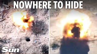 Ukrainian kamikaze drones blast Russian troops as they desperately flee and cower in foxholes