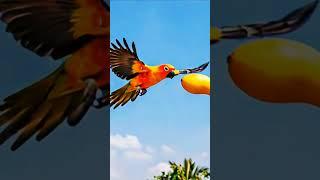 Flying with Flavor: Parrot Carries Yellow Mango  Flying with Flavor Parrot Carries Yellow Mango 