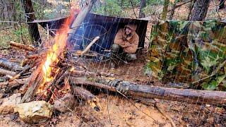 HEAVY RAIN & MUDDY! Overnight Tarp Camping & Building A Fire In Extremely Wet Conditions