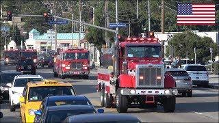 Huge convoys of fire trucks responding blasting horn and siren