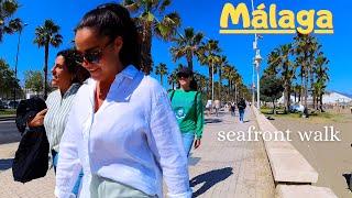 Huelin beach - walk Seaside part 2. Malaga, Spain. 4K Walk tour. Costa del Sol