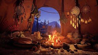 Cozy Native American Tent 🪶 Wooden Wind Chimes, Crackling Fire & Wind Sounds | Immersive Experience