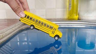 Tiny Bus Cars Driven By Hand Into The Water   Diecast Models