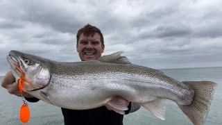 Michigan Steelhead And Atlantic Salmon Pier Fishing From Shore With Lures! Favorite Arctic Spinner!