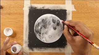 How to draw realistic moon using masking tape with oil pastel - easy oil pastel moonlight panting