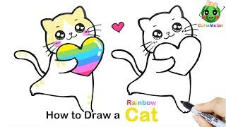 儿童简笔画彩虹爱心猫咪 How to Draw A Rainbow Heart Cat|Funny Animals|Easy Drawings for kids【西瓜宝宝学画画学英语】简笔画教程