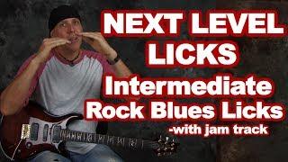 Guitar licks lesson for Intermediate rock blues guitar players with tabs and jam track