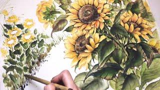 한국화로 아름다운 해바라기 그리기ㅣSunflower drawingㅣ동양화 수묵담채ㅣKorean painting, Oriental painting