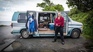 Tree planter lives full time in Vintage van with a wood stove.