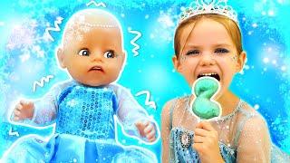 Costumes d'Elsa pour maman, sa fille et la poupée Baby Born. Faisons de la glace pour Elsa party