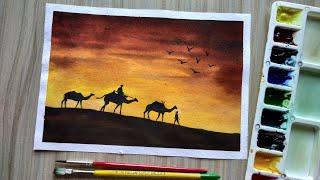 Desert Painting with Camels | Easy Landscape Painting for Beginners | Watercolor Painting Tutorial