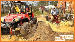 Mud racing kids ride on truck vs. dad's go-kart through mud, jump, and woods. Educational | Kid Crew