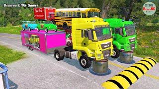 Double Flatbed Trailer Truck vs speed bumps|Busses vs speed bumps|Beamng Drive|956