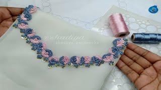 Long french knot easy hand embroidery neck design tutorial|hand embroidery for beginners