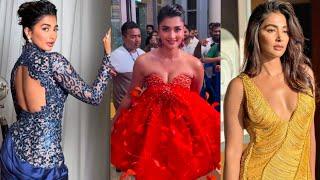 Pooja Hegde Latest Off Shoulder Orange Gown and Radiant Navy Blue Satin and Lace Gown Looks Part 8