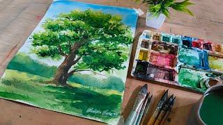 Easy watercolor colour tree drawing for beginners