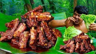 Pork Ribs Honey Recipe | Fried Braise Pork Ribs Honey Cooking In Forest