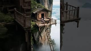 绝壁危亭云上悬，老翁把盏笑谈间。凡尘万丈梯难上，一席清欢世外仙！#治愈系风景 #生活  #儿时记忆 #乡村#治愈系#8090年代的童年记忆 #悬崖上的温馨#暖心  #travel#温馨#隐居#惊险