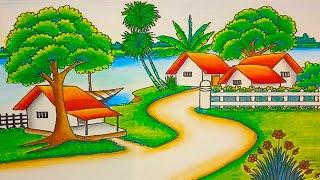 How to draw easy scenery drawing beautiful landscape village house drawing step by step