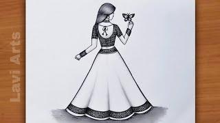 Very Easy And Beautiful Girl Drawing in Beautiful Dress and butterfly | Girl backside drawing | Art