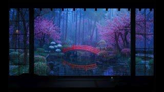 Rain Falling On a Japanese Zen Garden at Night, For Sleep, Study, Relaxation, Healing, ASMR