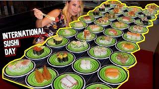 INTERNATIONAL SUSHI DAY! How many Plates Can I eat at Revolving Sushi Bar - Kura Sushi #RainaisCrazy